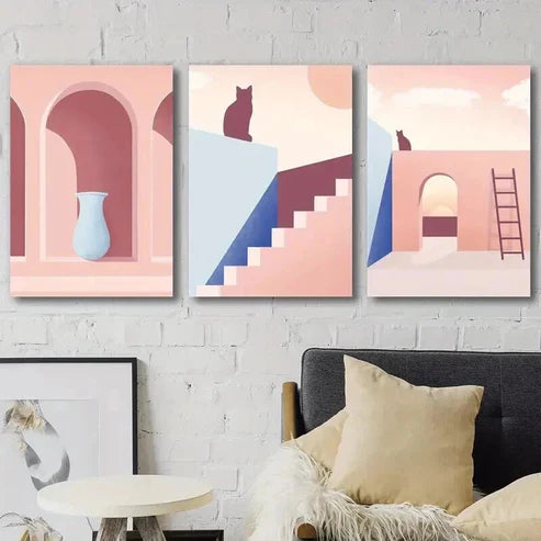 3pcs Greek Vase Mural & Cat Abstract Silhouette Wall Art Set Canvas Wall Art Canvas Unframed - High Quality Print 100% Australian Made Wall Canvas