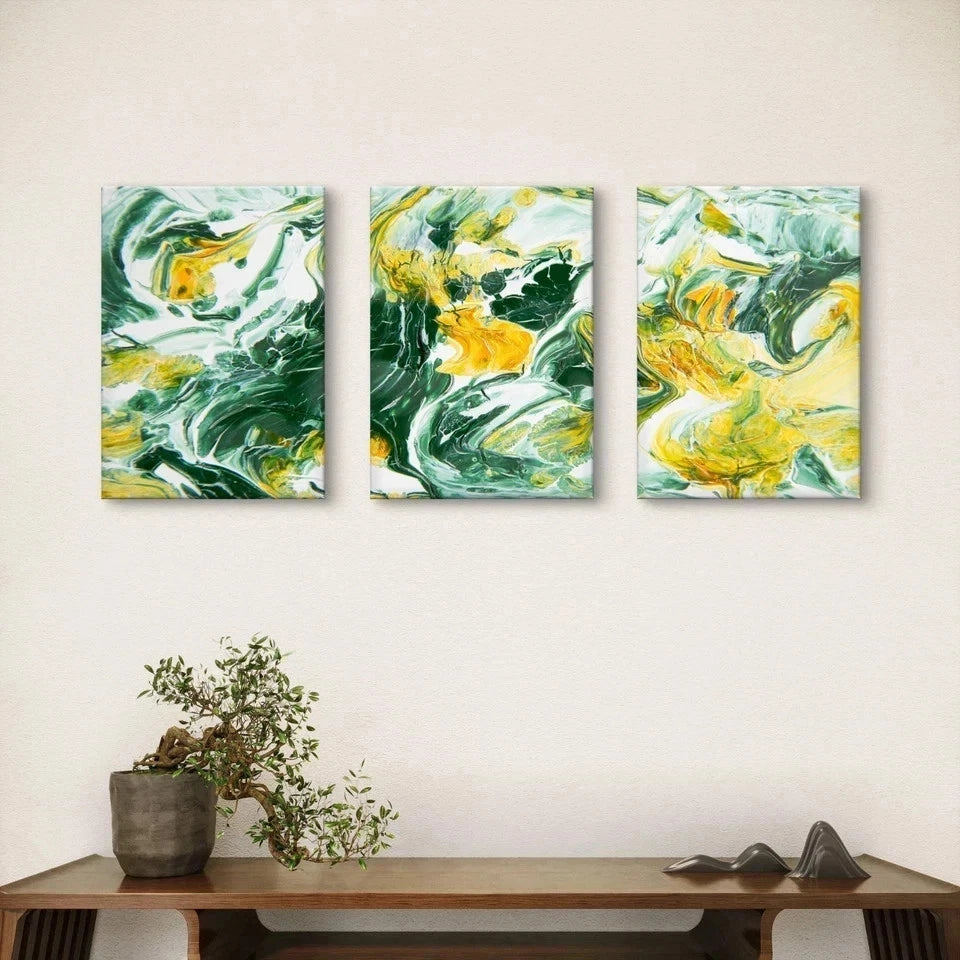 3pcs Abstract Green and Yellow Fluid Paint Wall Art Set Canvas Framed 60x90cm - High Quality Print 100% Australian Made Wall Canvas Ready to Hang