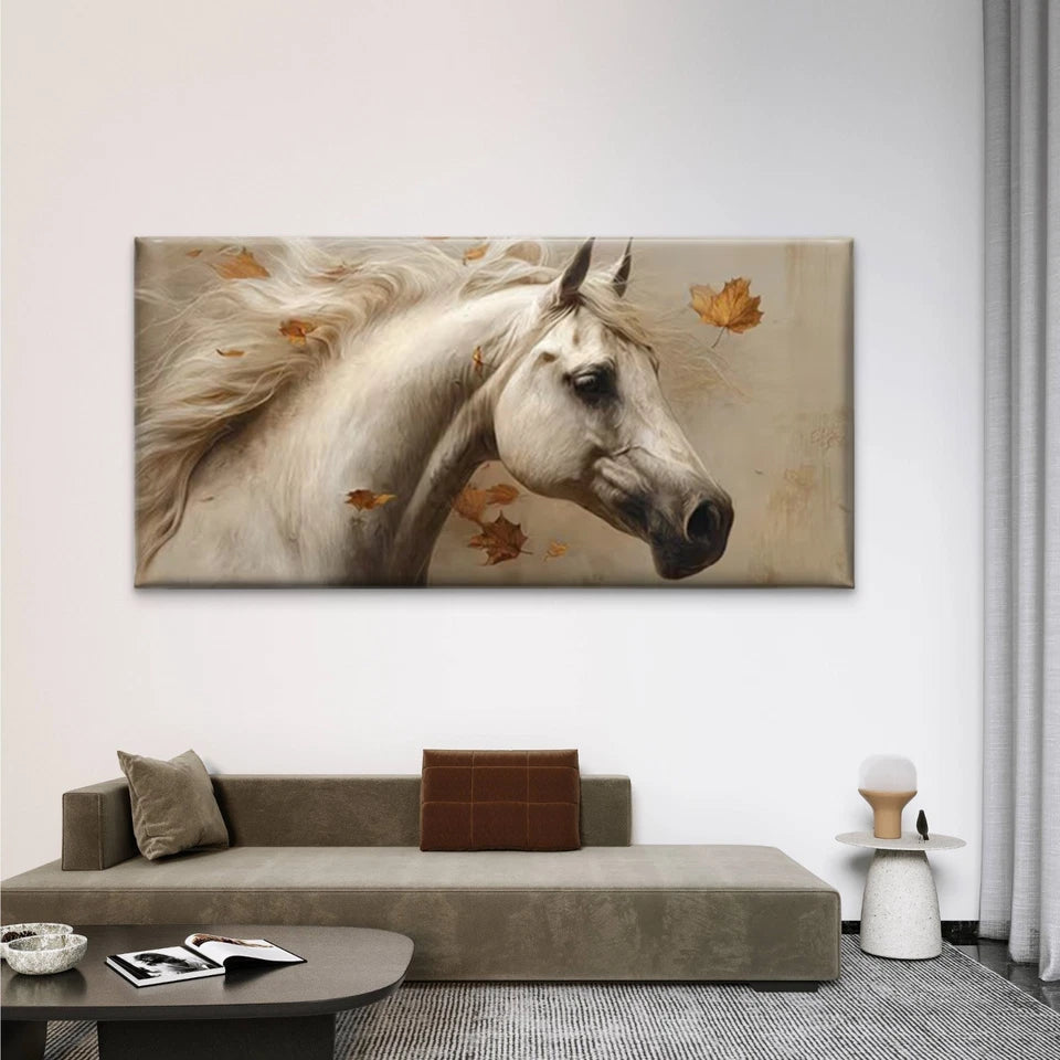 White Horse & Autumn Leaves Wall Art Canvas Office Home Room Framed 120x60cm