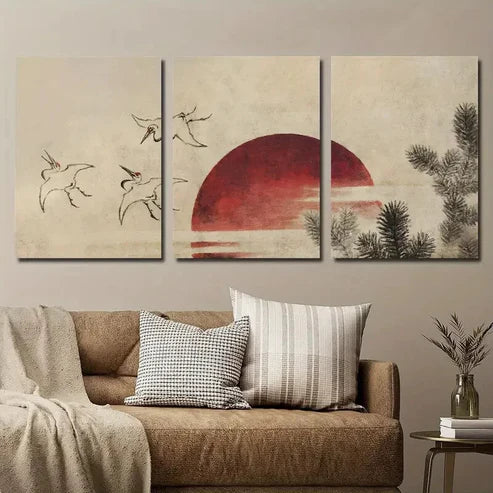 3pcs Vintage Japanese Crane Bird And Sunset Wall Art Set Canvas Unframed - High Quality Print 100% Australian Made Wall Canvas