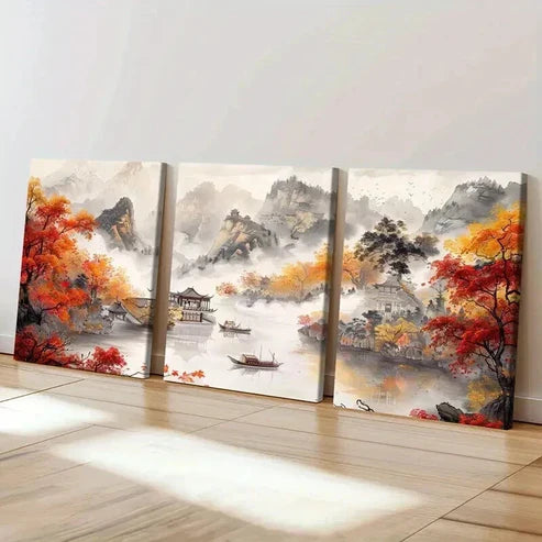 3pcs Chinese Autumn Mountain & River Scene Wall Art Set Canvas Unframed - High Quality Print 100% Australian Made Wall Canvas - Bella Home Decor