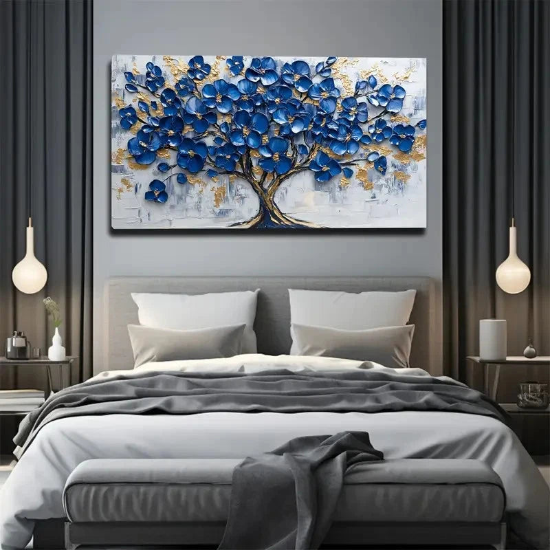 Blue and Golden Tree Design Wall Art canvas office home room framed 120x60cm - Bella Home Decor