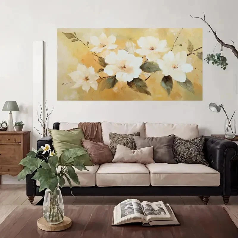 White & Golden Floral Wall Art Canvas Office Home Room Framed 120x60cm
