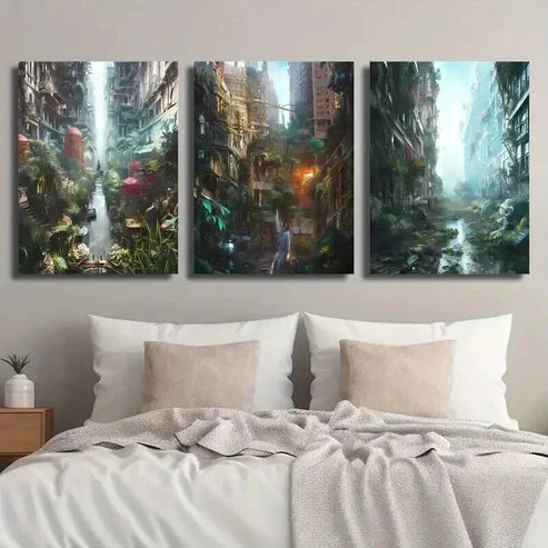 3pcs Lush Greenery Overgrown City & Skyscrapers Wall Art Canvas Unframed - High Quality Print 100% Australian Made Wall Canvas
