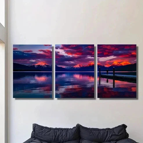 3pcs Lake and Snow Capped Mountains at Sunset Wall Art Set Canvas Unframed - High Quality Print 100% Australian Made Wall Canvas