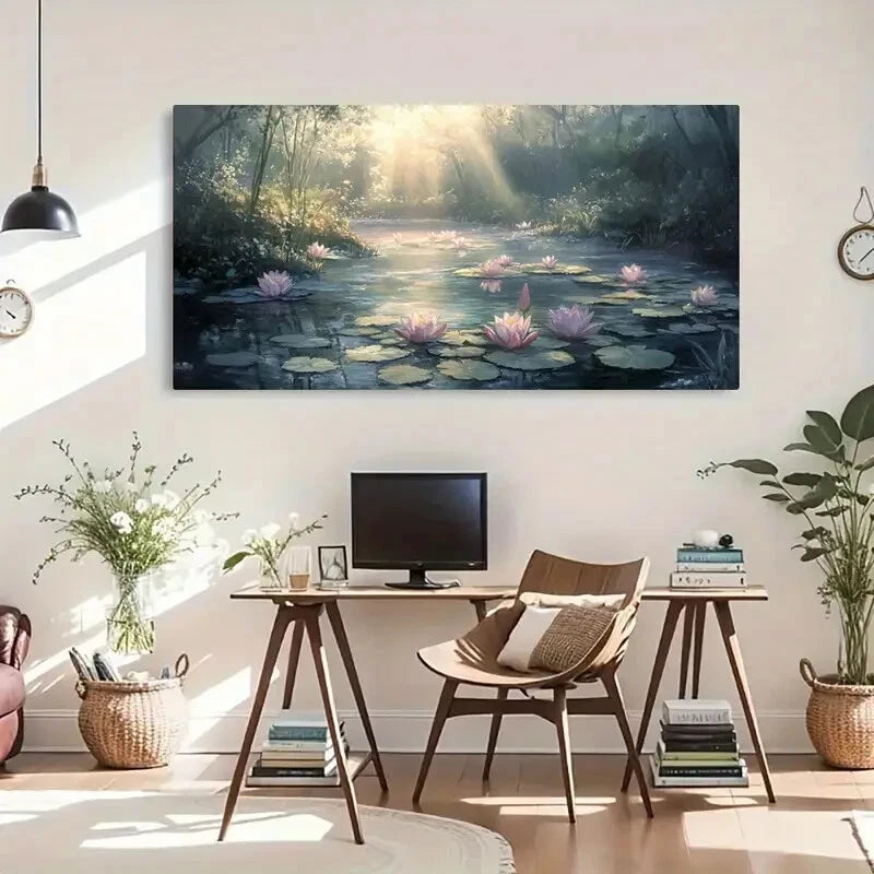 Sunlit Pond Landscape Lotus Wall Art Canvas Office Home Room Framed 120x60cm - Bella Home Decor