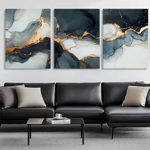 3pcs Elegant Marble Dark Blue and Golden Perfect Wall Art Set Canvas Unframed - High Quality Print 100% Australian Made Wall Canvas
