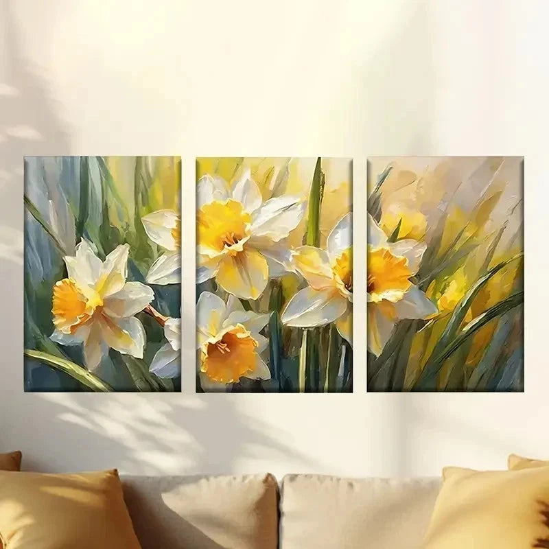 3pcs Vibrant Daffodil Floral Painting Wall Art Set Canvas Framed 50x70cm - High Quality Print 100% Australian Made Wall Canvas Ready to Hang