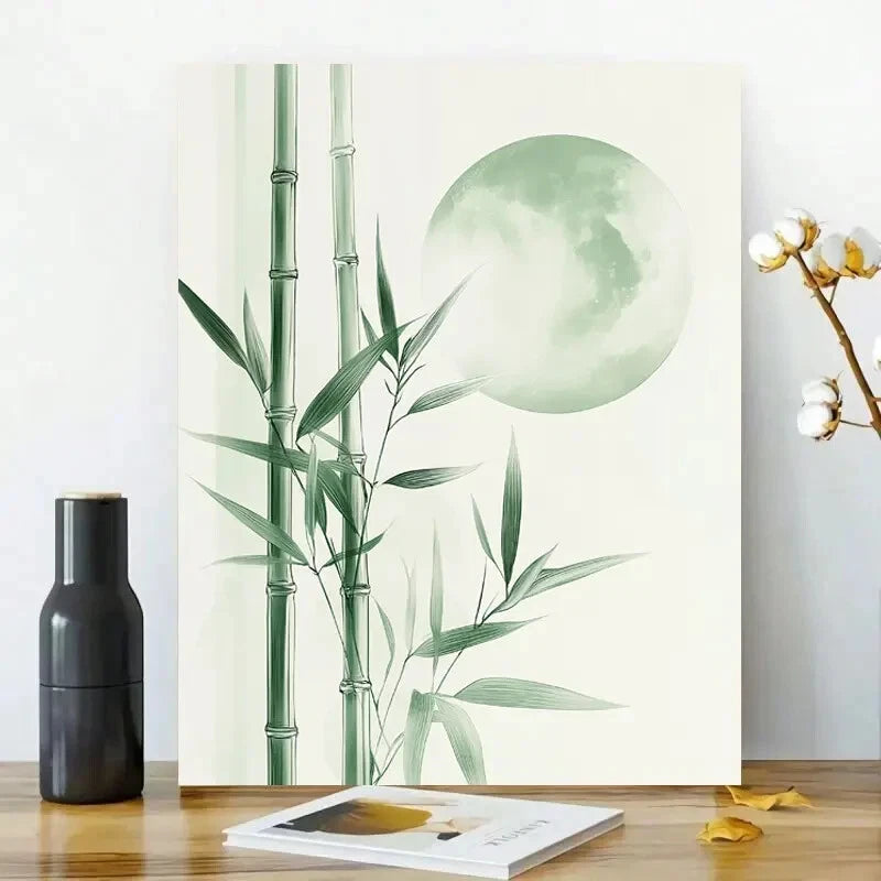 Minimalist Bamboo and Moon Green 40x60cm Metal Print Ready to Hang
