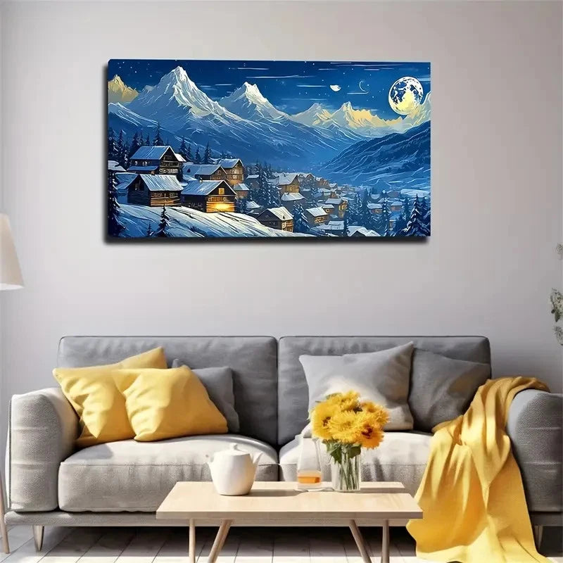 Snowy Village Decor Moonlit Wall Art Canvas Office Home Room Framed 120x60cm