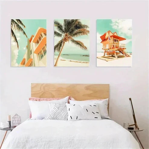 3pcs Miami Beach Palm Trees & Lifeguard Tower Wall Art Canvas Unframed - High Quality Print 100% Australian Made Wall Canvas