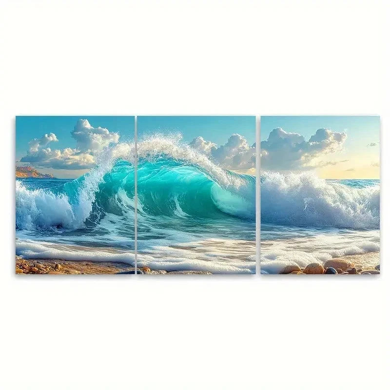 3pcs Turquoise Seascape Print Foamy Waves RU Wall Art Set Canvas Framed 60x90cm - High Quality Print 100% Australian Made Wall Canvas Ready to Hang - Bella Home Decor