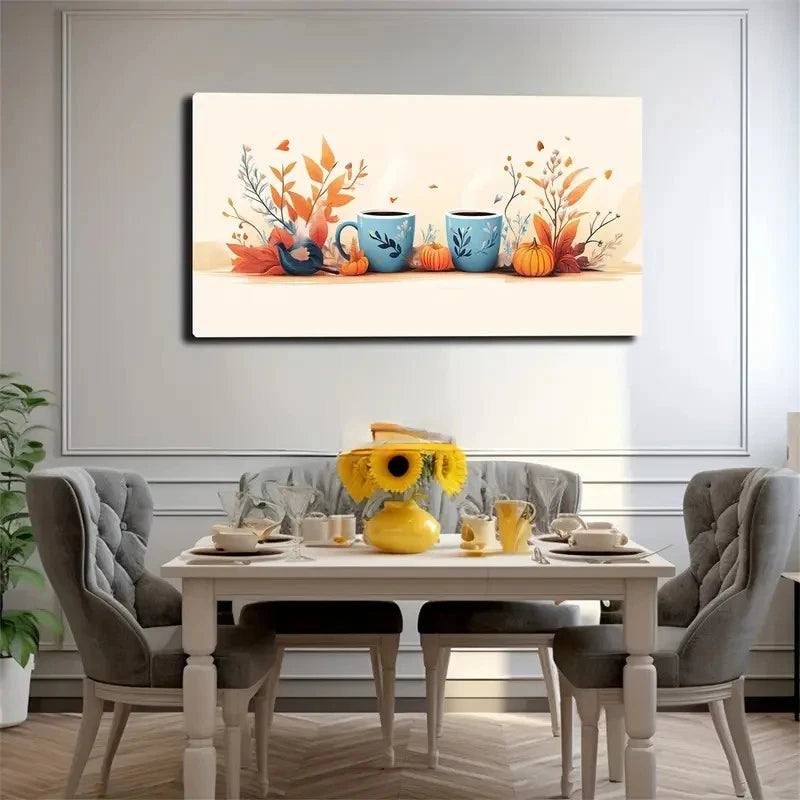 Blue Patterned Cups With Autumn Wall Art Canvas Office Home Room Framed 120x60cm