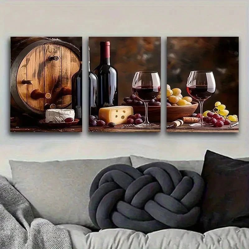 3pcs Wine and Cheese Tasting Wall Art Set Canvas Framed 60x90cm - High Quality Print 100% Australian Made Wall Canvas Ready to Hang - Bella Home Decor