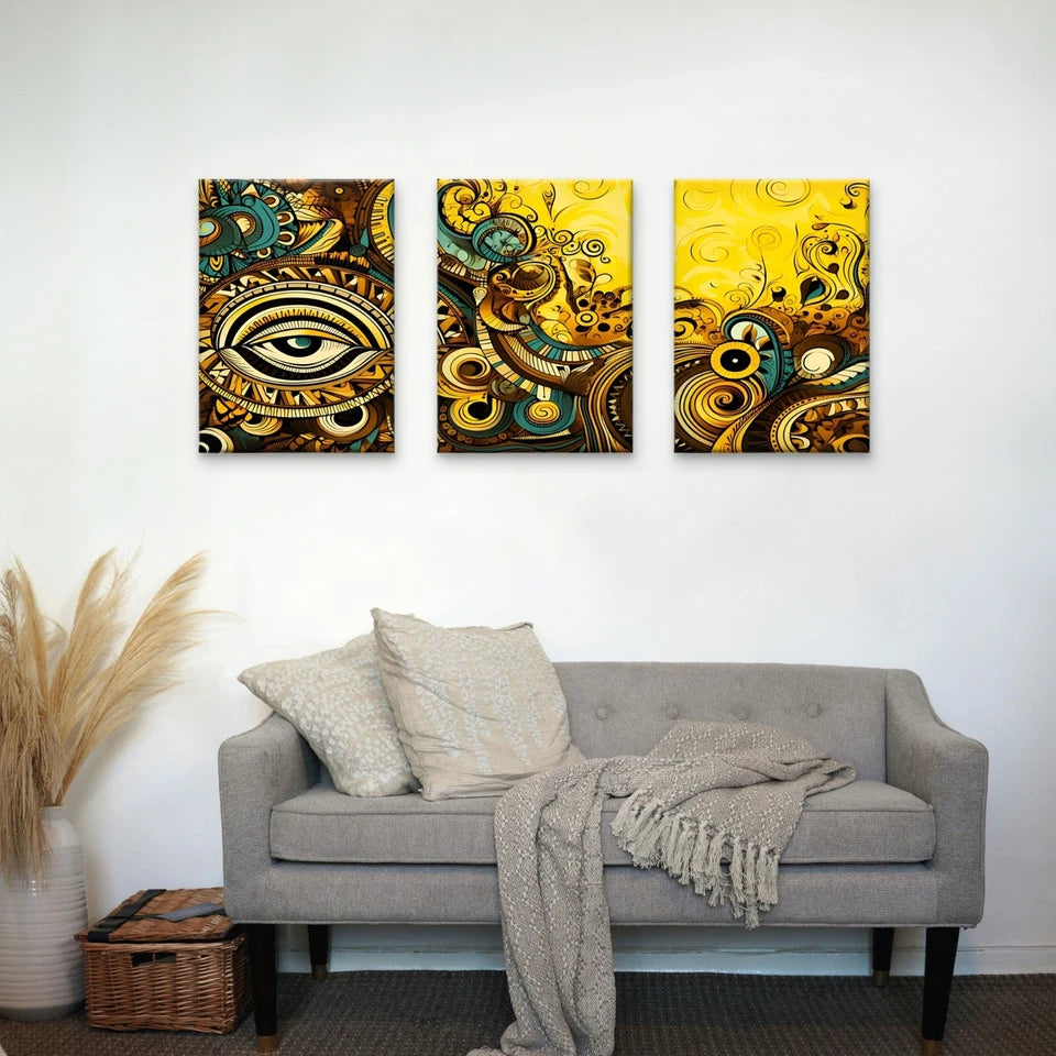 3pcs Gold and Yellow Abstract Eye Indian Art Wall Art Set Canvas Framed 50x70cm - High Quality Print 100% Australian Made Wall Canvas Ready to Hang