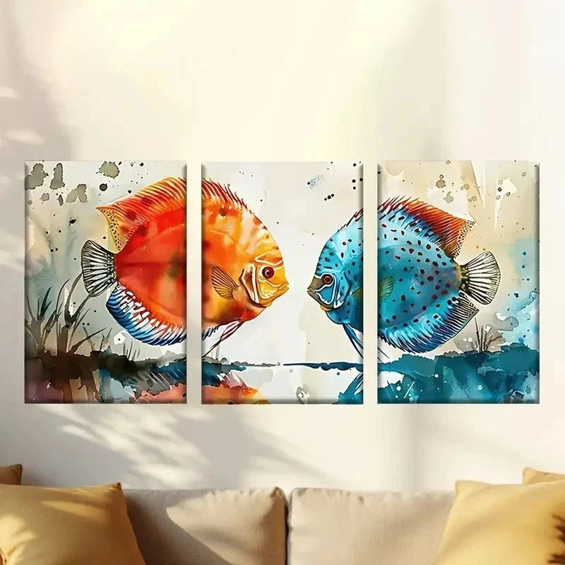 3pcs two fish in watercolors Wall Art Set Canvas Framed 60x90cm - High Quality Print 100% Australian Made Wall Canvas Ready to Hang