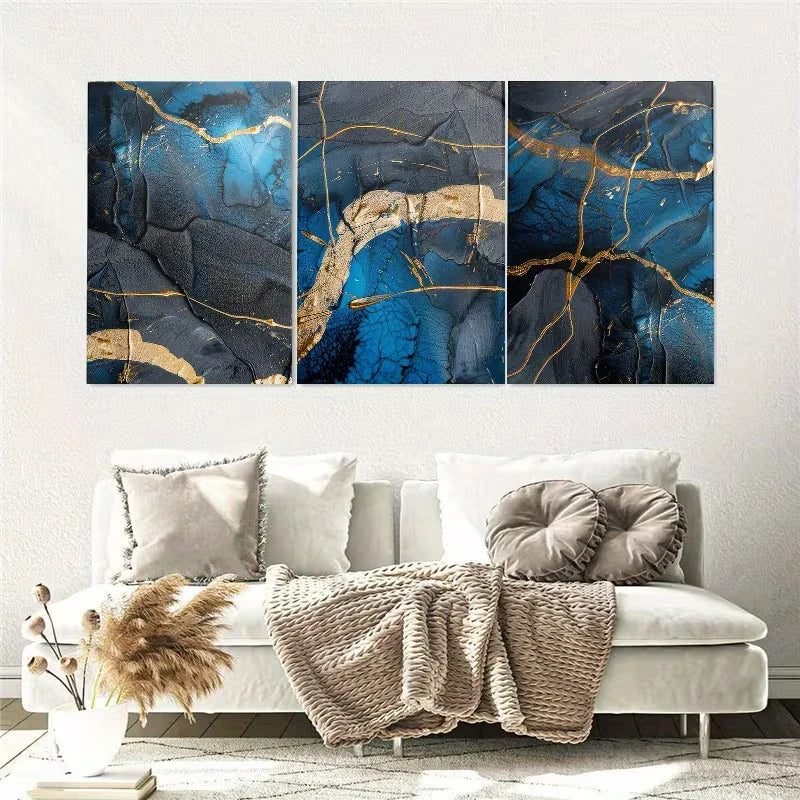 3pcs Abstract Golden and Blue Line Waves Wall Art Set Canvas Framed 60x90cm - High Quality Print 100% Australian Made Wall Canvas Ready to Hang - Bella Home Decor