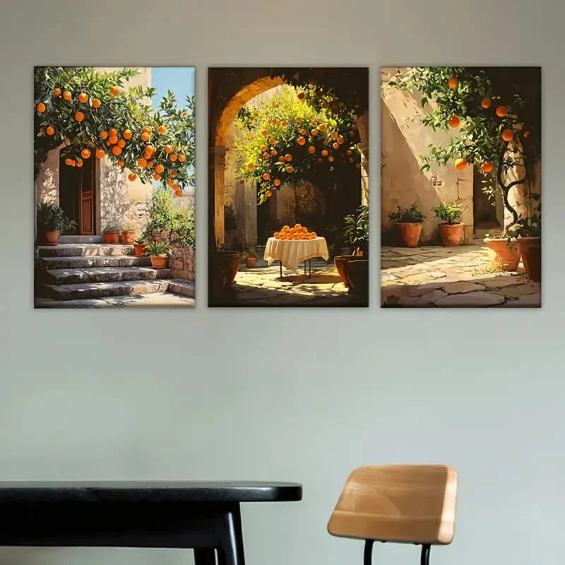 3pcs Orange Tree in a Courtyard Wall Art Set Canvas Framed 60x90cm - High Quality Print 100% Australian Made Wall Canvas Ready to Hang