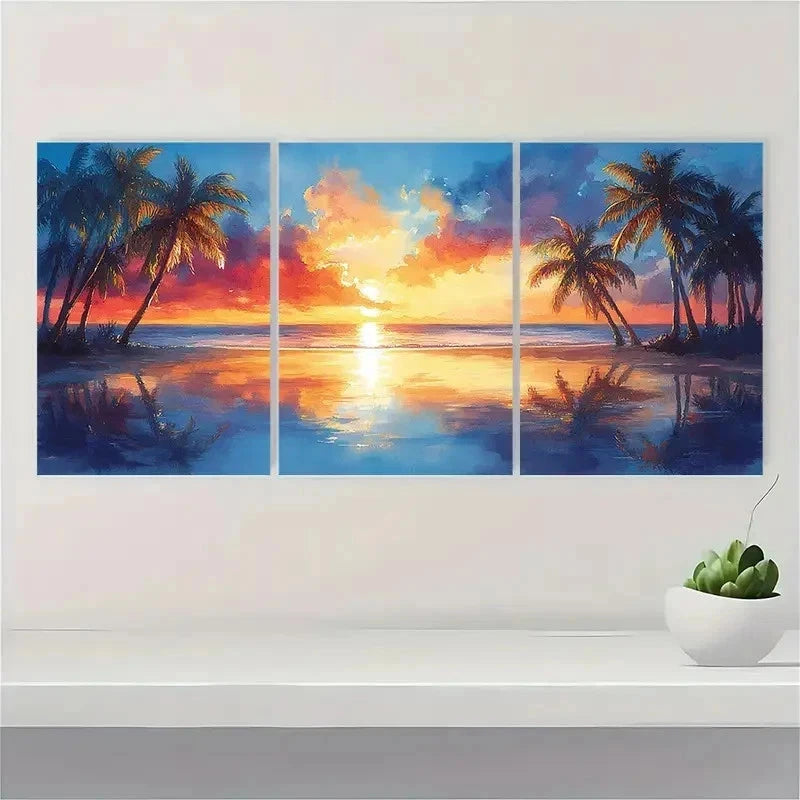 3pcs Palm Trees Watercolor Painting EW Wall Art Set Canvas Framed 50x70cm - High Quality Print 100% Australian Made Wall Canvas Ready to Hang