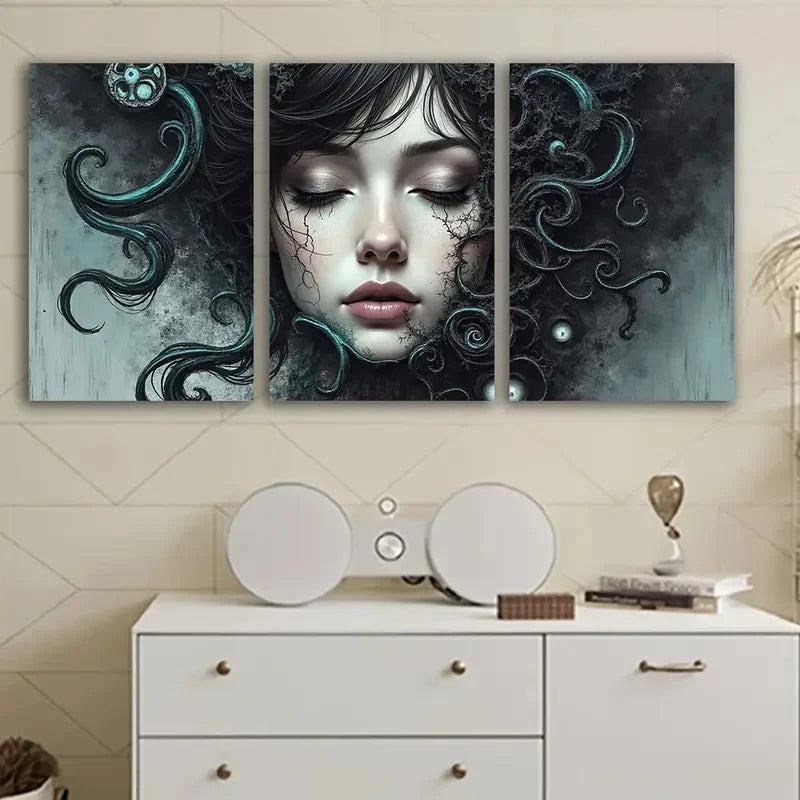 3pcs Long Woman Portrait With Teal Hair Wall Art Set Canvas Framed 40x60cm - High Quality Print 100% Australian Made Wall Canvas Ready to Hang