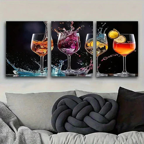 3pcs Cocktail Splash Photography Vintage Wall Art Set Canvas Unframed - High Quality Print 100% Australian Made Wall Canvas - Bella Home Decor