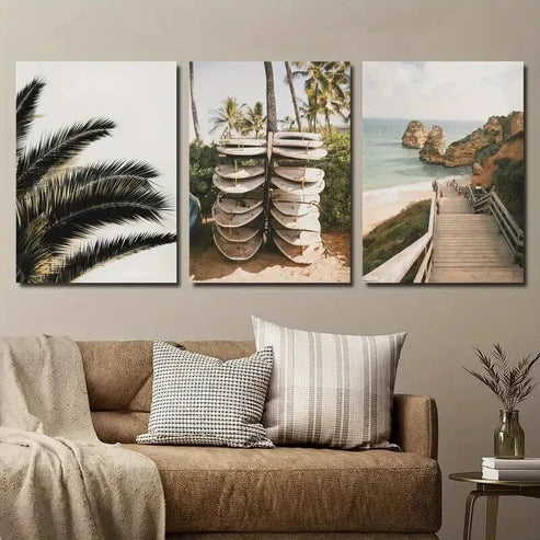 3pcs Southern California Beach Walk & Surfboards Wall Art Canvas Unframed - High Quality Print 100% Australian Made Wall Canvas