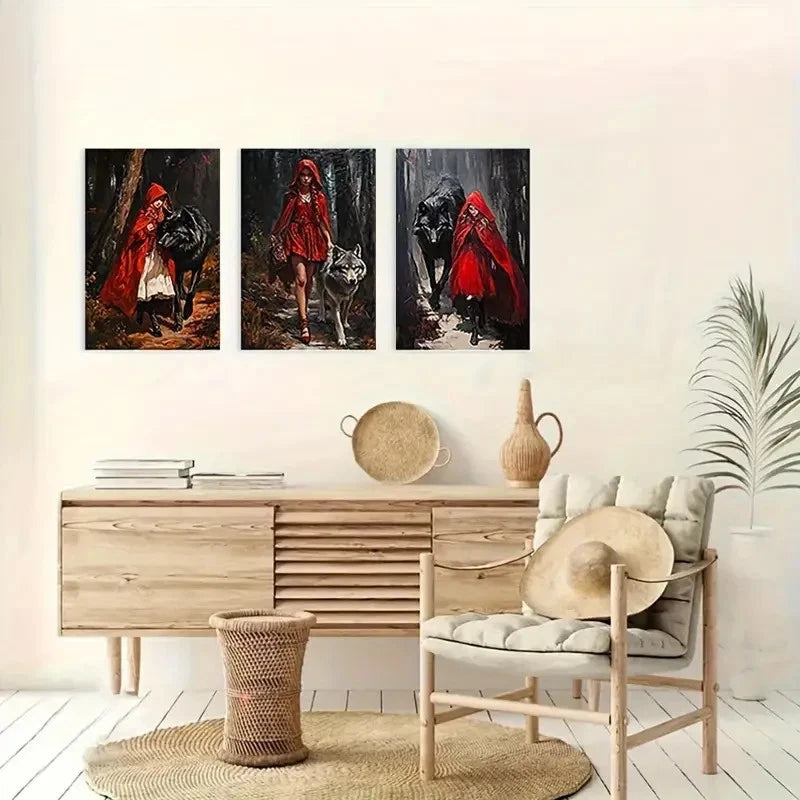 3pcs Little Red Riding Framed Wall Art Set Canvas Framed 50x70cm - High Quality Print 100% Australian Made Wall Canvas Ready to Hang