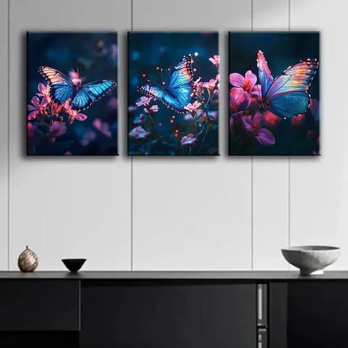 3pcs Glowing Butterfly Flowers Colorful Perfect Wall Art Set Canvas Unframed - High Quality Print 100% Australian Made Wall Canvas - Bella Home Decor