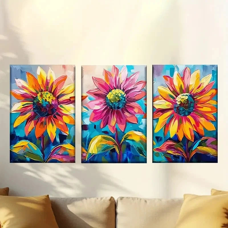 3pcs three flowers on blue background Wall Art Set Canvas Framed 50x70cm - High Quality Print 100% Australian Made Wall Canvas Ready to Hang