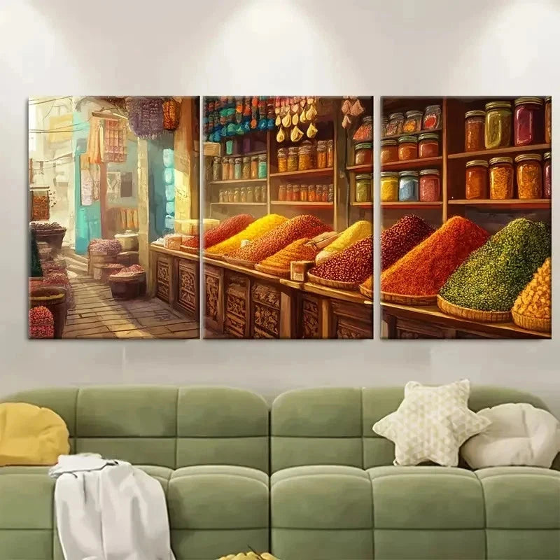 3pcs Punjab Spice Store Colorful Perfect Wall Art Set Canvas Framed 50x70cm - High Quality Print 100% Australian Made Wall Canvas Ready to Hang