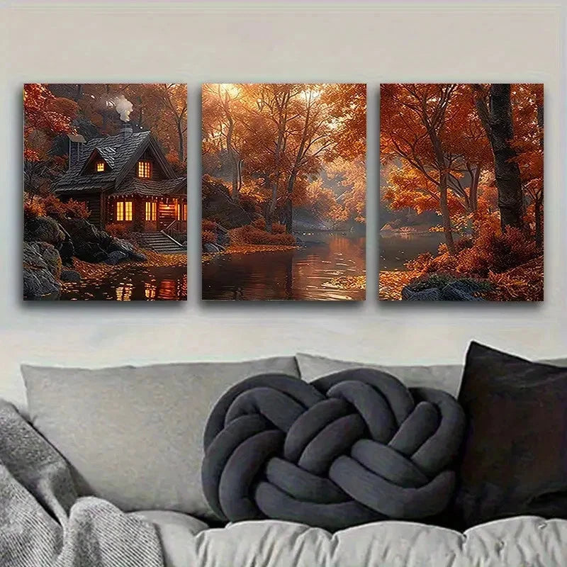 3pcs Autumn Cabin by the Lake Wall Art Set Canvas Framed 50x70cm - High Quality Print 100% Australian Made Wall Canvas Ready to Hang - Bella Home Decor