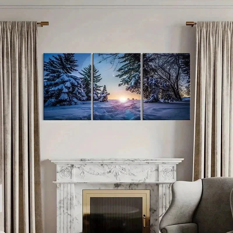3pcs Winter Snow Scene Woods Sunrise Wall Art Set Canvas Framed 50x70cm - High Quality Print 100% Australian Made Wall Canvas Ready to Hang - Bella Home Decor