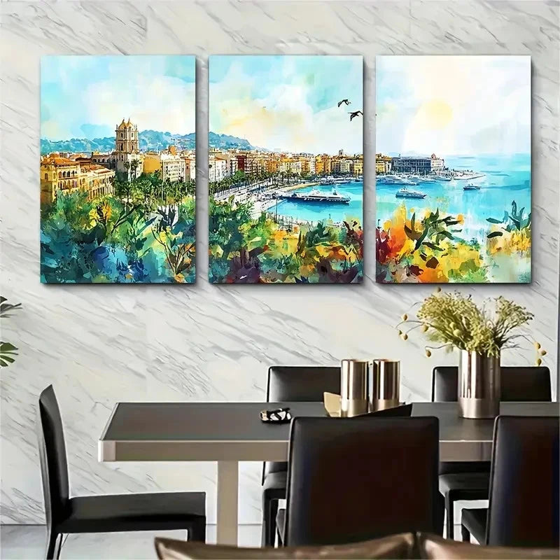 3pcs Malaga Cityscape Spain Landscape Perfect Wall Art Set Canvas Framed 40x60cm - High Quality Print 100% Australian Made Wall Canvas Ready to Hang - Bella Home Decor