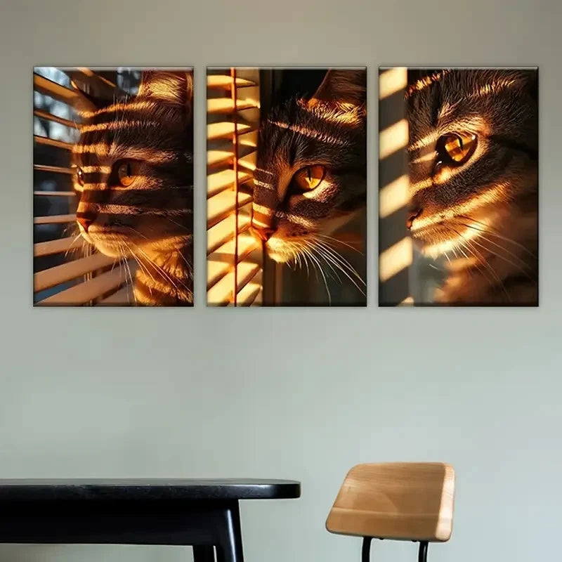 3pcs The Cat is Looking Out the Window Wall Art Set Canvas Framed 50x70cm - High Quality Print 100% Australian Made Wall Canvas Ready to Hang