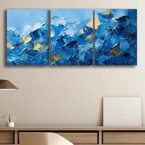 3pcs Abstract Blue & Golden Oil Painting Wall Art Canvas Unframed - High Quality Print 100% Australian Made Wall Canvas - Bella Home Decor