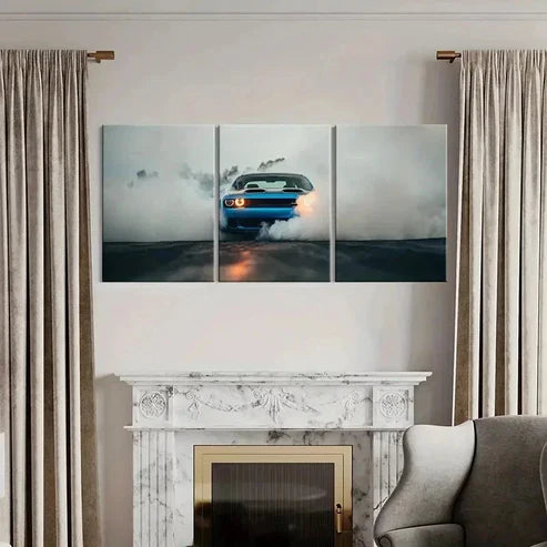 3pcs Dodge Blue Super Car Through Smoke Wall Art Canvas Unframed - High Quality Print 100% Australian Made Wall Canvas - Bella Home Decor