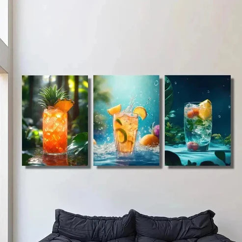 3pcs Summer Pineapple Lemon Cocktail Wall Art Set Canvas Unframed - High Quality Print 100% Australian Made Wall Canvas
