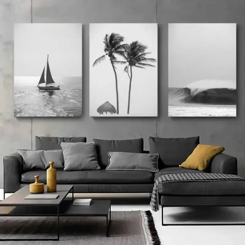 3pcs Sailboat, Ocean Waves black and white Wall Art Set Canvas Framed 60x90cm - High Quality Print 100% Australian Made Wall Canvas Ready to Hang - Bella Home Decor