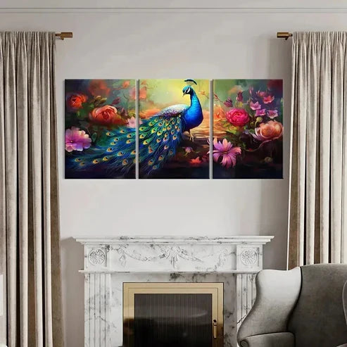 3pcs Peacock & Flower Abstract Aesthetic Wall Art Canvas Unframed - High Quality Print 100% Australian Made Wall Canvas