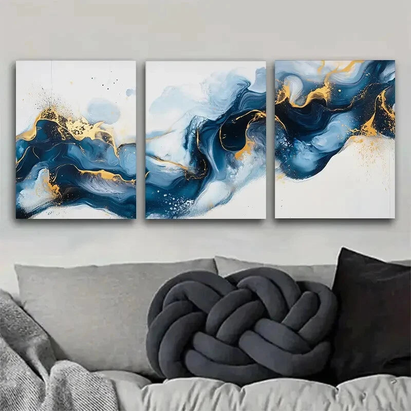 3pcs Blue and Golden Abstract Décor Perfect Wall Art Set Canvas Framed 40x60cm - High Quality Print 100% Australian Made Wall Canvas Ready to Hang - Bella Home Decor