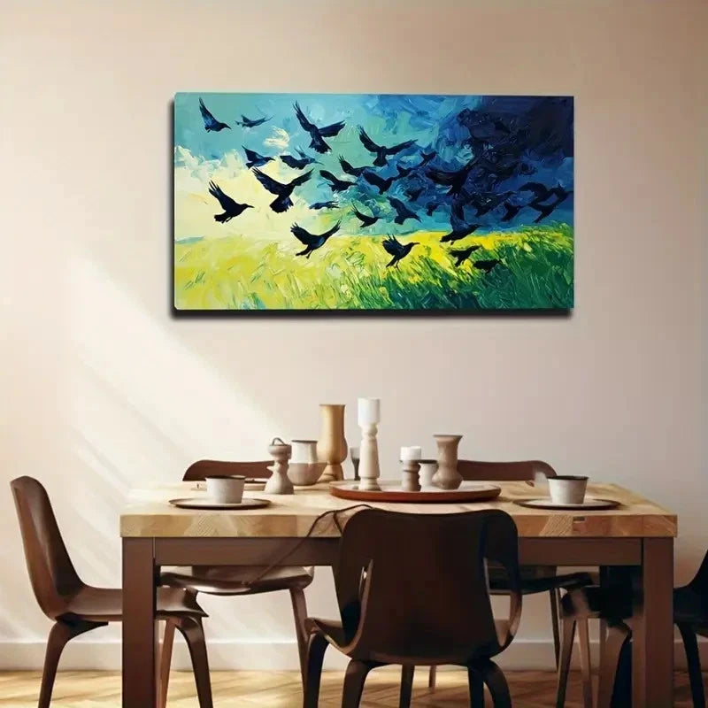 Black Crows On The Prairie Wall Art Canvas Office Home Room Framed 120x60cm