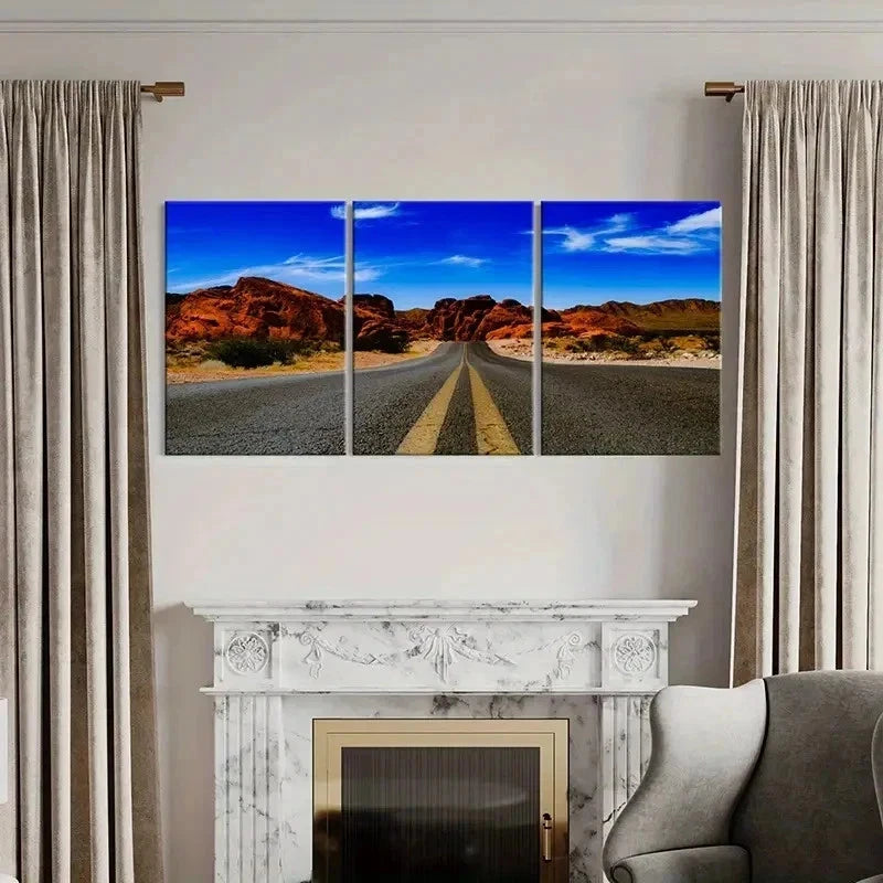 3pcs Road Sky Rocks and Mountain Wall Art Set Canvas Framed 50x70cm - High Quality Print 100% Australian Made Wall Canvas Ready to Hang