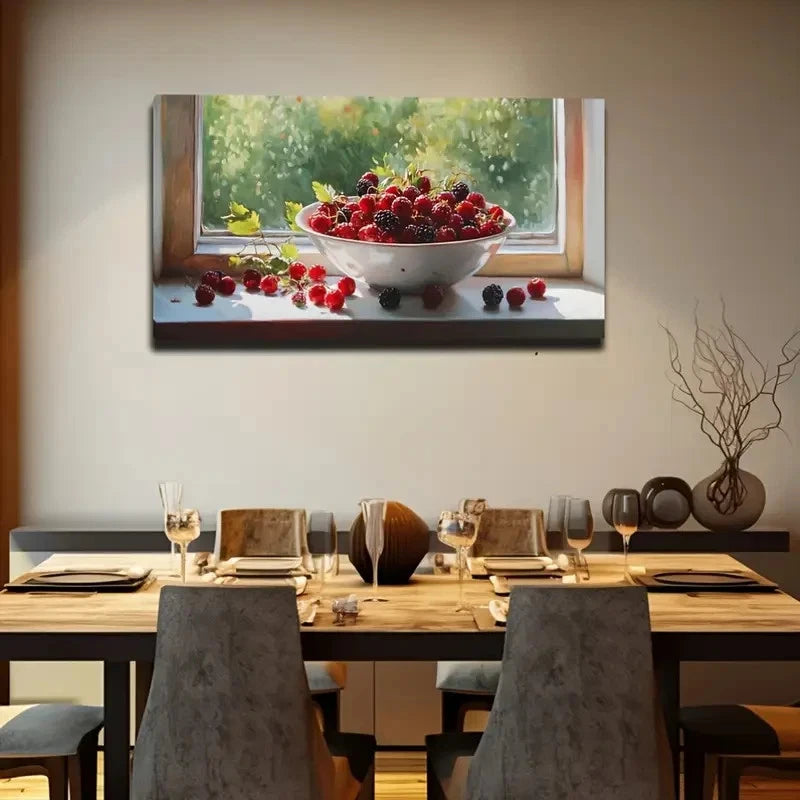 Vibrant Red Raspberries & Berri Wall Art Canvas Office Home Room Framed 120x60cm