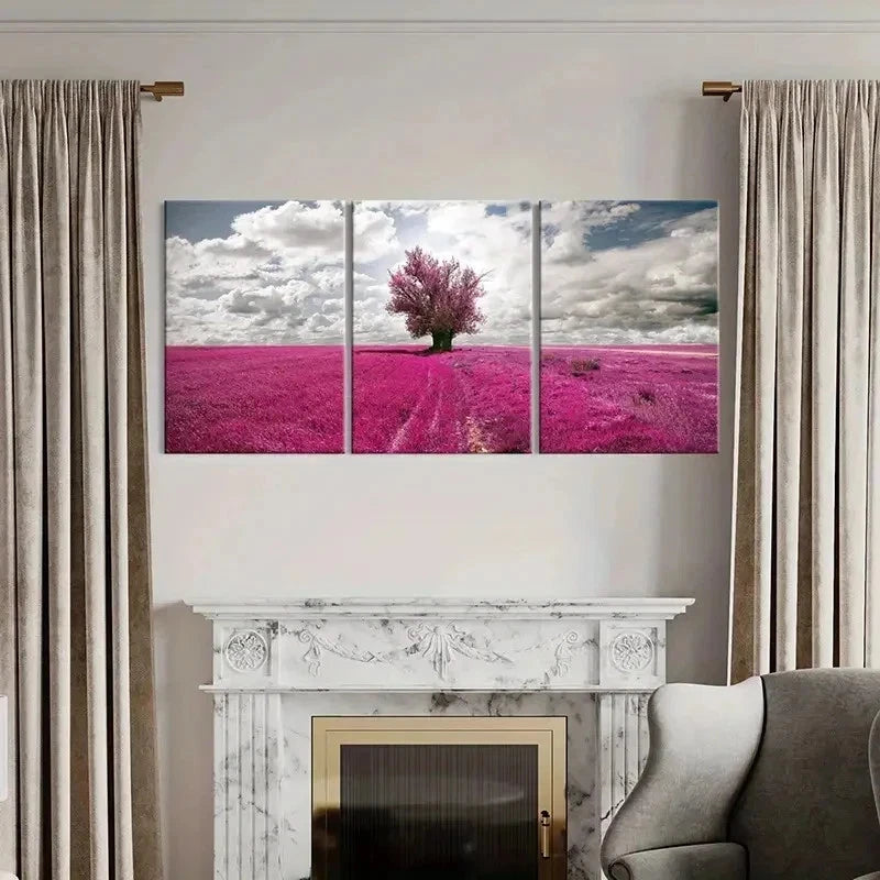 3pcs Pink Flower Field and Tree Decor Wall Art Set Canvas Framed 60x90cm - High Quality Print 100% Australian Made Wall Canvas Ready to Hang
