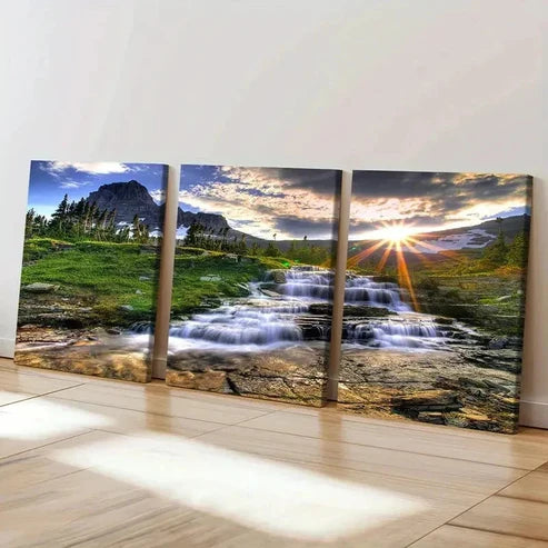 3pcs Mountains Streams Rising Sun Wall Art Set Canvas Unframed - High Quality Print 100% Australian Made Wall Canvas