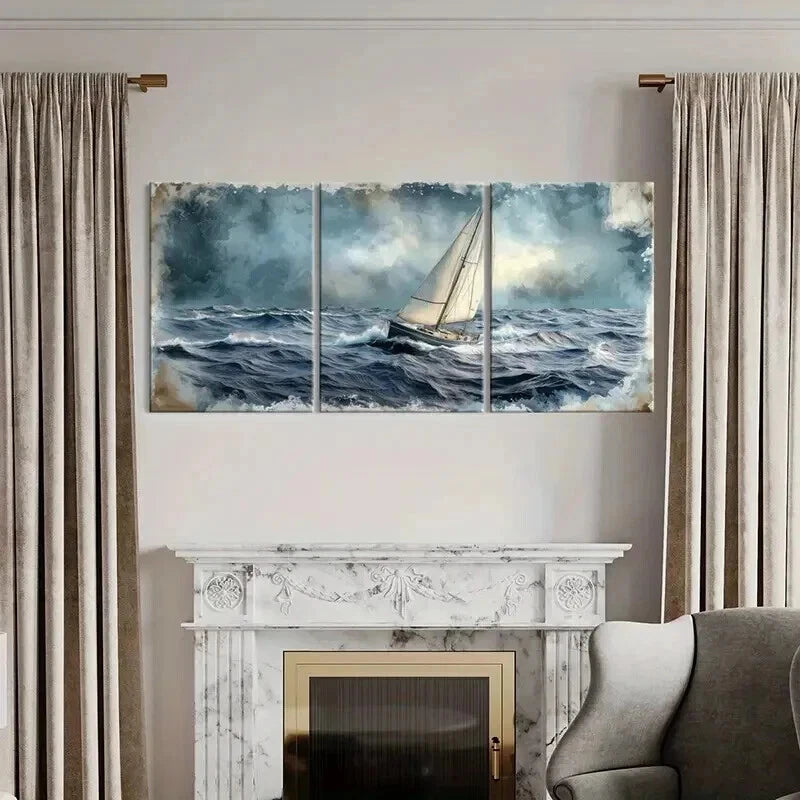 3pcs Sailing Boat Stormy Sea & Dark Clouds Wall Art Set Canvas Framed 50x70cm - High Quality Print 100% Australian Made Wall Canvas Ready to Hang - Bella Home Decor