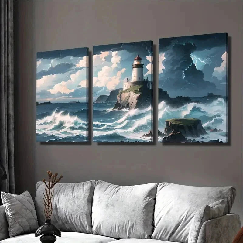 3pcs Nautical Coastal Landscape With Dramatic Wall Art Set Canvas Framed 50x70cm - High Quality Print 100% Australian Made Wall Canvas Ready to Hang