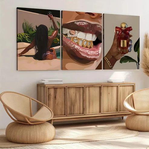 3pcs Woman Art Black Girl Green Leaves Red Gold Wall Art Canvas Unframed - High Quality Print 100% Australian Made Wall Canvas
