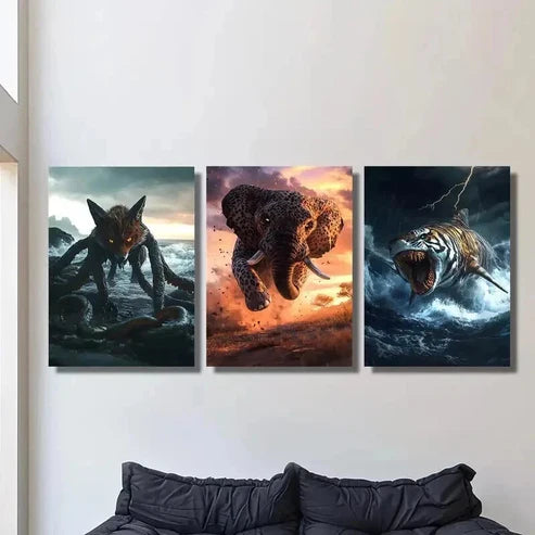3pcs Wolf an Elephant And a Tiger Shark Wall Art Set Canvas Unframed - High Quality Print 100% Australian Made Wall Canvas