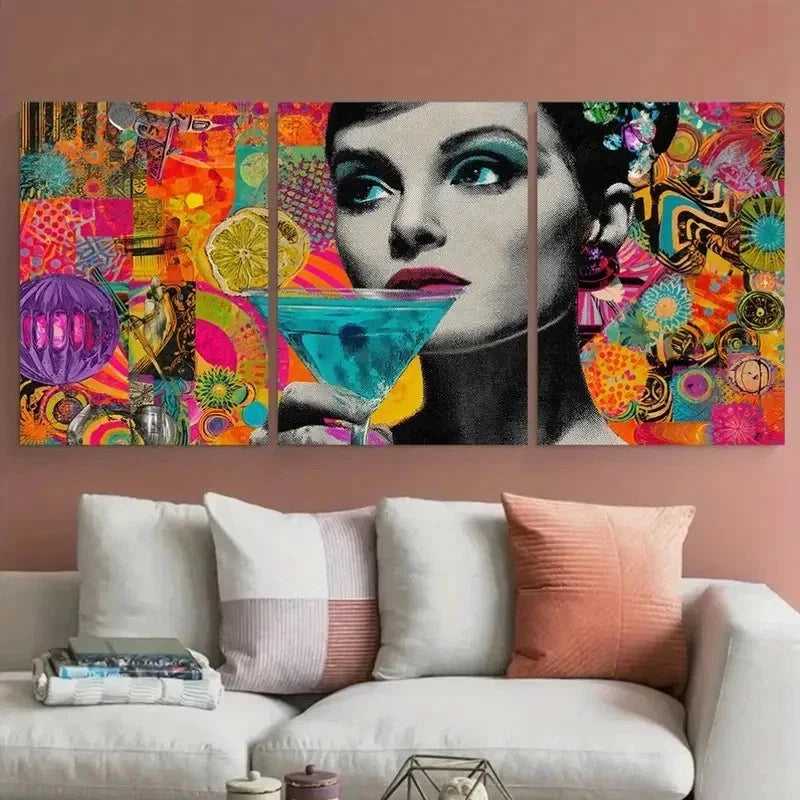 3pcs Retro Cocktail Collage Cosmo Disco Perfect Wall Art Set Canvas Framed 60x90cm - High Quality Print 100% Australian Made Wall Canvas Ready to Hang